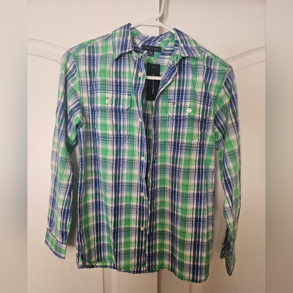 Tommy Hilfiger Boys Green and Blue Plaid Button-Up Shirt NWT